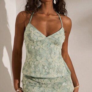 Mint Green Textured Embroidered Sequin Women's Sleeveless Top